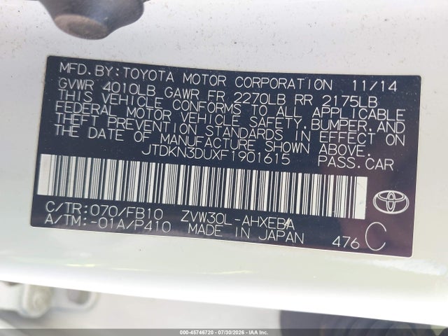 Toyota Prius Two 2015 JTDKN3DUXF1901615 Image 9