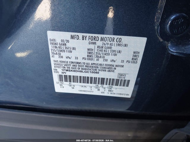 1FMSK8DH8LGC10080 Ford EXPLORER XLT