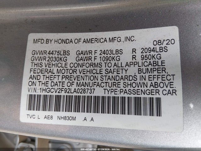 Honda Accord Touring 2020 1HGCV2F92LA028737 Image 9