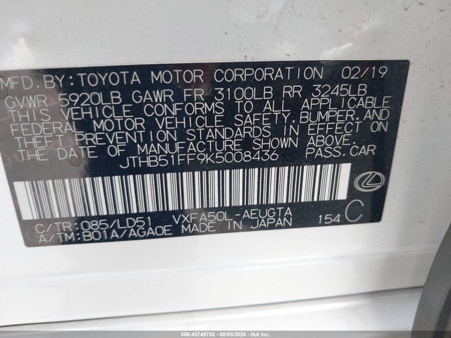 45746755 :رقم المزاد ، JTHB51FF9K5008436 vin ، 2019 Lexus Ls 500 مزاد بيع