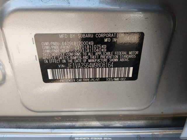 Aukcja sprzedaży 2021 Subaru Wrx Sti, vin: JF1VA2S64M9808164, numer aukcji: 45746774