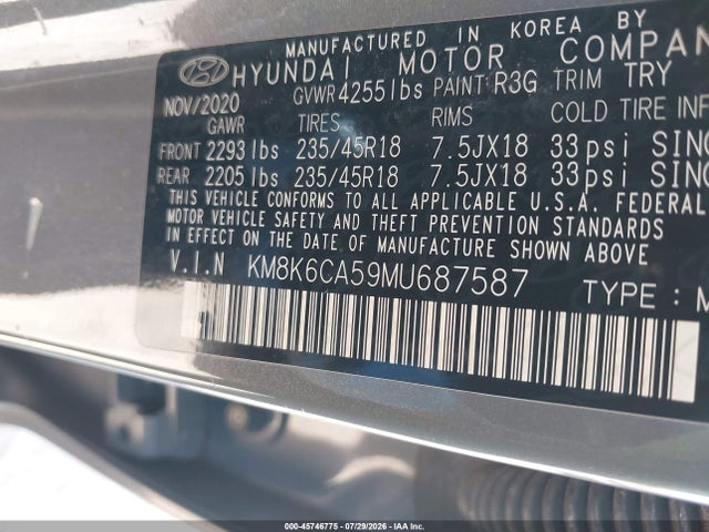 45746775 :رقم المزاد ، KM8K6CA59MU687587 vin ، 2021 Hyundai Kona Night مزاد بيع
