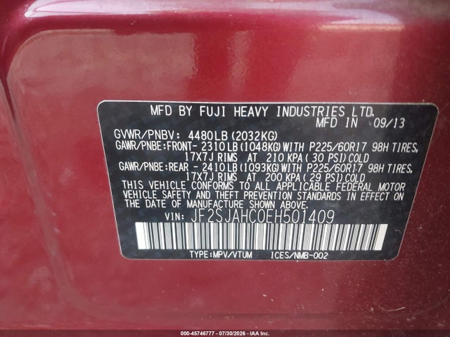 2014 Subaru Forester 2.5i Limited მანქანა იყიდება აუქციონზე, vin: JF2SJAHC0EH501409, აუქციონის ნომერი: 45746777