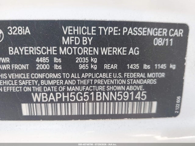 Продаж на аукціоні авто 2011 Bmw 328i, vin: WBAPH5G51BNN59145, номер лоту: 45746798