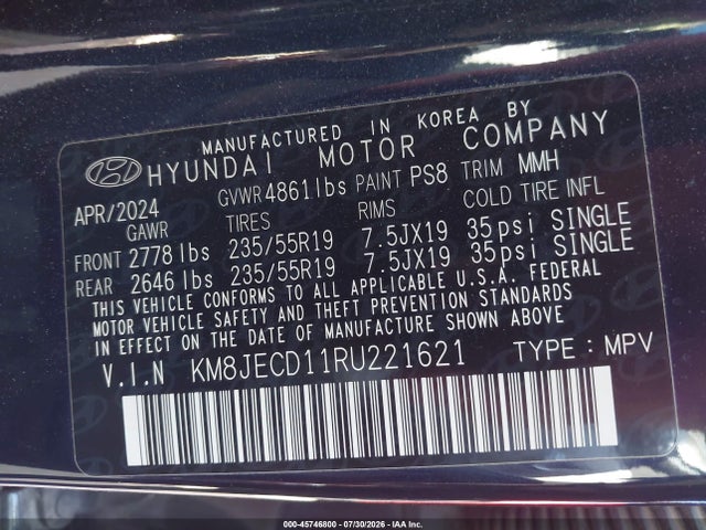 2024 Hyundai Tucson Hybrid Limited მანქანა იყიდება აუქციონზე, vin: KM8JECD11RU221621, აუქციონის ნომერი: 45746800