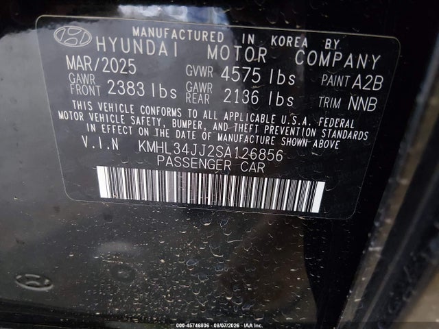Aukcja sprzedaży 2025 Hyundai Sonata Hybrid Sel, vin: KMHL34JJ2SA126856, numer aukcji: 45746806