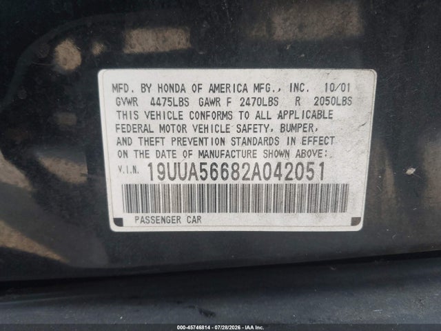 45746814 :رقم المزاد ، 19UUA56682A042051 vin ، 2002 Acura Tl 3.2 مزاد بيع