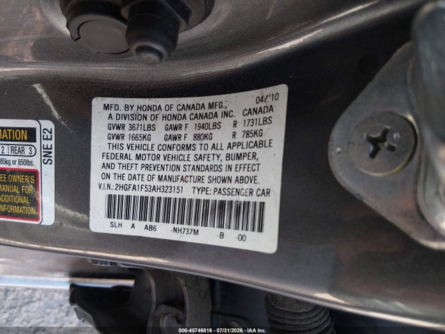 Продаж на аукціоні авто 2010 Honda Civic Lx, vin: 2HGFA1F53AH323151, номер лоту: 45746816