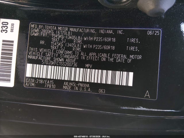 Aukcja sprzedaży 2025 Toyota Sienna Xle, vin: 5TDJSKFC1SS200736, numer aukcji: 45746818