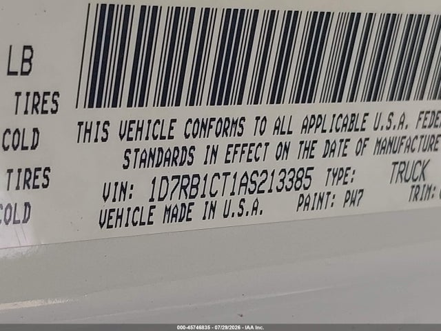 2010 Dodge Ram 1500 Laramie მანქანა იყიდება აუქციონზე, vin: 1D7RB1CT1AS213385, აუქციონის ნომერი: 45746835