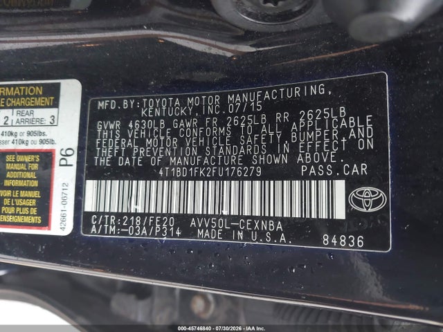 Aukcja sprzedaży 2015 Toyota Camry Hybrid Le, vin: 4T1BD1FK2FU176279, numer aukcji: 45746840