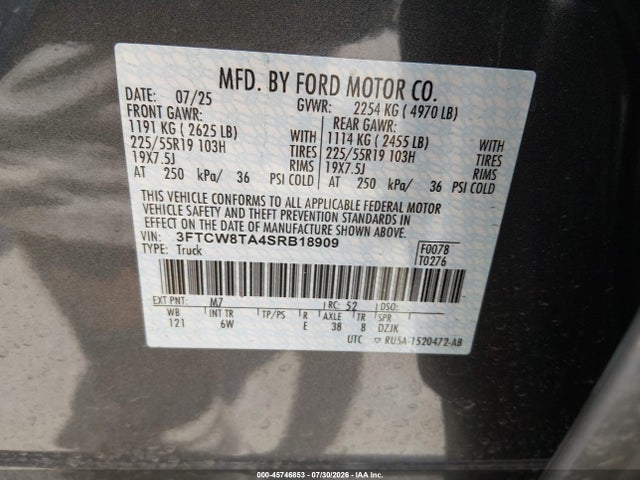Продажа на аукционе авто 2025 Ford Maverick Lobo Standard, vin: 3FTCW8TA4SRB18909, номер лота: 45746853