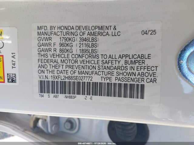 2025 Honda Civic Sedan Sport მანქანა იყიდება აუქციონზე, vin: 19XFL2H88SE027772, აუქციონის ნომერი: 45746871