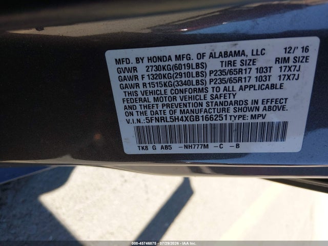 5FNRL5H4XGB166251 Honda ODYSSEY EX