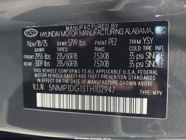 2026 Hyundai Santa Fe Hybrid Se მანქანა იყიდება აუქციონზე, vin: 5NMP1DG13TH102947, აუქციონის ნომერი: 45746884