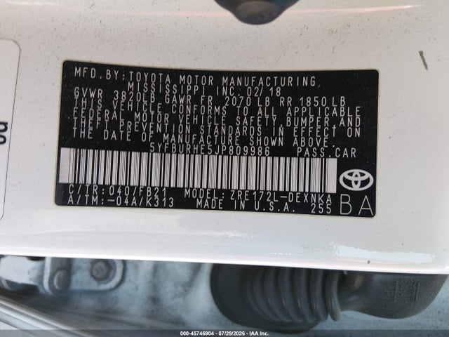 Toyota COROLLA LE 2018 5YFBURHE5JP809986 Image 9