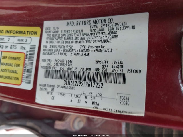45746908 :رقم المزاد ، 3LN6L2J92FR617222 vin ، 2015 Lincoln Mkz مزاد بيع