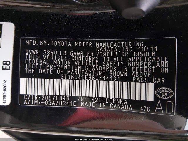 45746922 :رقم المزاد ، 2T1BU4EE9BC714131 vin ، 2011 Toyota Corolla Le مزاد بيع