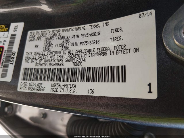 Продажа на аукционе авто 2014 Toyota Tundra Limited 5.7l V8, vin: 5TFHY5F10EX406691, номер лота: 45746929