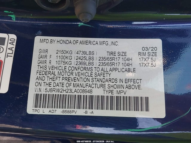 Продаж на аукціоні авто 2020 Honda Cr-v Awd Lx, vin: 5J6RW2H23LA008948, номер лоту: 45746938