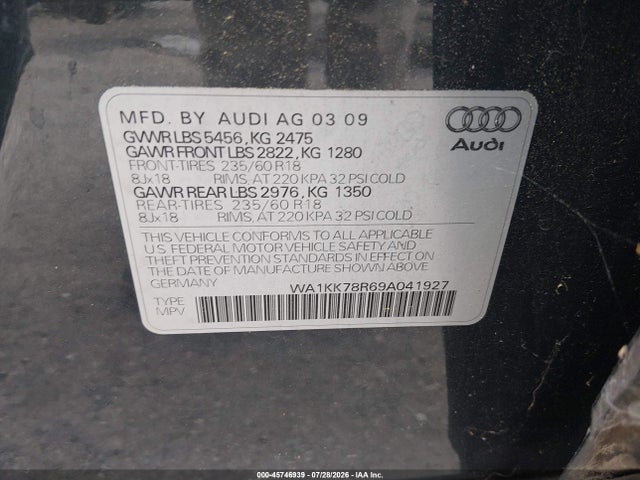 Продажа на аукционе авто 2009 Audi Q5 3.2 Premium, vin: WA1KK78R69A041927, номер лота: 45746939