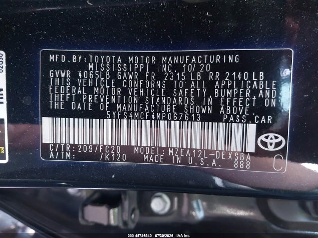 5YFS4MCE4MP067613 Toyota COROLLA SE