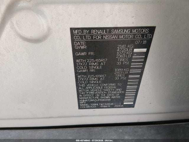 Aukcja sprzedaży 2018 Nissan Rogue Sv, vin: KNMAT2MV5JP616458, numer aukcji: 45746943