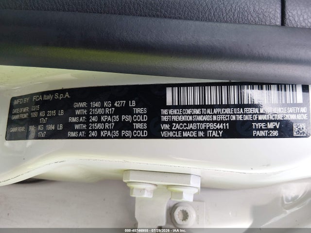 2015 Jeep Renegade Latitude მანქანა იყიდება აუქციონზე, vin: ZACCJABT0FPB54411, აუქციონის ნომერი: 45746955