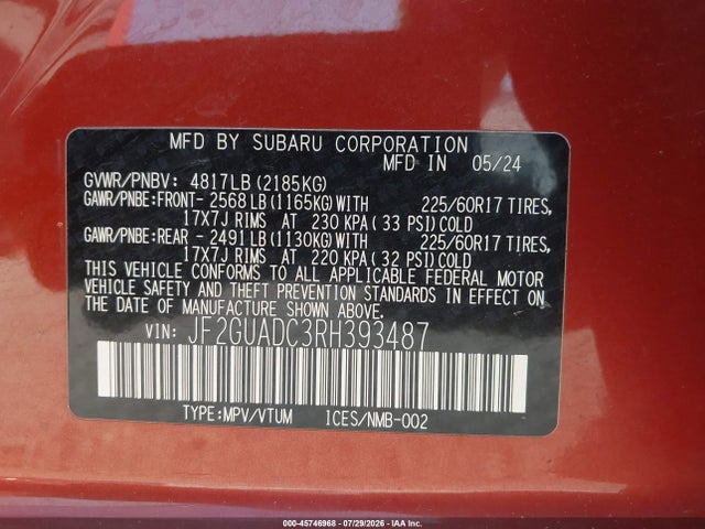 Продажа на аукционе авто 2024 Subaru Crosstrek Premium, vin: JF2GUADC3RH393487, номер лота: 45746968
