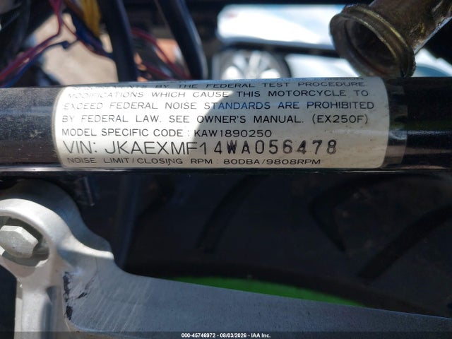 45746972 :رقم المزاد ، JKAEXMF14WA056478 vin ، 1998 Kawasaki Ex250 F مزاد بيع