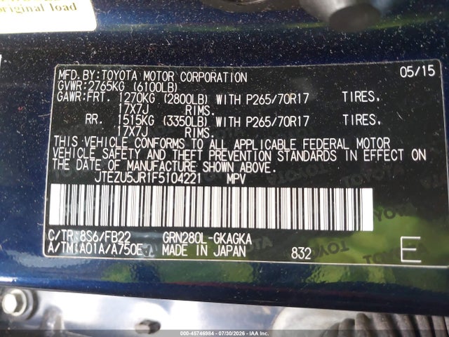 Aukcja sprzedaży 2015 Toyota 4runner Sr5, vin: JTEZU5JR1F5104221, numer aukcji: 45746984