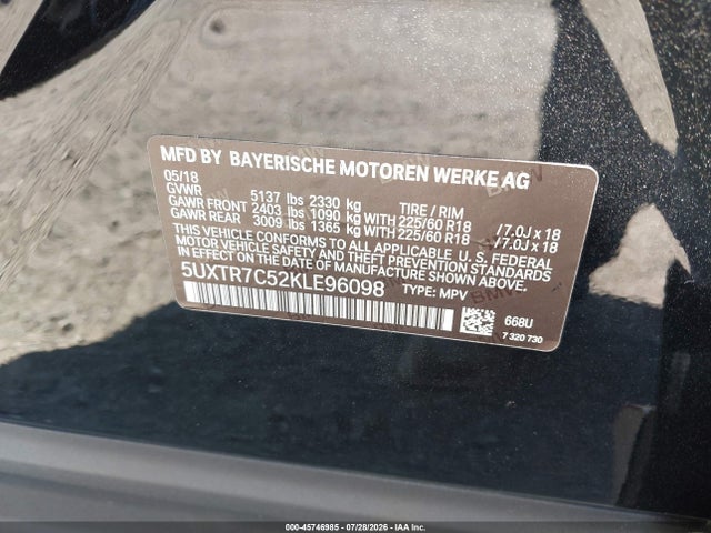 Продаж на аукціоні авто 2019 Bmw X3 Sdrive30i, vin: 5UXTR7C52KLE96098, номер лоту: 45746985