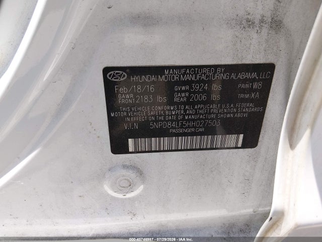 Aukcja sprzedaży 2017 Hyundai Elantra Limited, vin: 5NPD84LF5HH027503, numer aukcji: 45746987