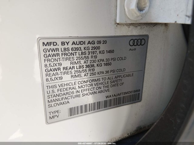 45746997 :رقم المزاد ، WA1AJAF73MD015659 vin ، 2021 Audi Q7 Premium 45 Tfsi Quattro Tiptronic مزاد بيع