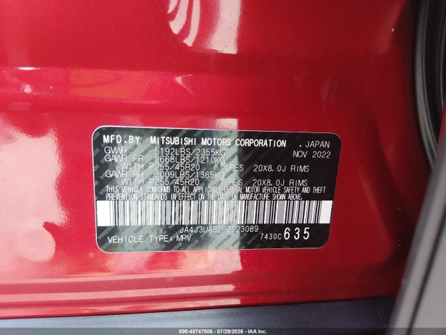 Продаж на аукціоні авто 2023 Mitsubishi Outlander Se 2.5 2wd/se Black Edition 2wd/se Special Edition 2wd, vin: JA4J3UA82PZ023089, номер лоту: 45747006