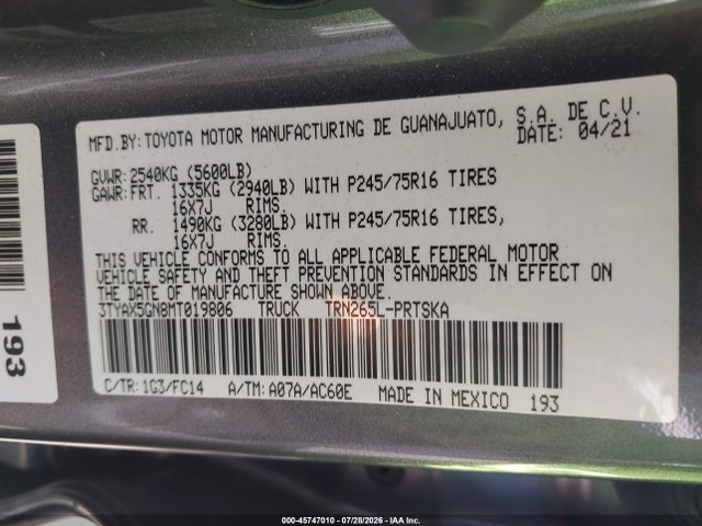 Продажа на аукционе авто 2021 Toyota Tacoma Sr5, vin: 3TYAX5GN8MT019806, номер лота: 45747010