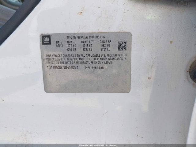 2013 Chevrolet Malibu 1ls მანქანა იყიდება აუქციონზე, vin: 1G11B5SA7DF259274, აუქციონის ნომერი: 45747015