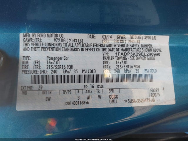 Ford FOCUS SE 2014 1FADP3K29EL296998 Image 9