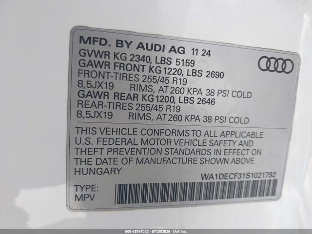 2025 Audi Q3 Premium 45 Tfsi S Line Quattro Tiptronic მანქანა იყიდება აუქციონზე, vin: WA1DECF31S1021792, აუქციონის ნომერი: 45747022