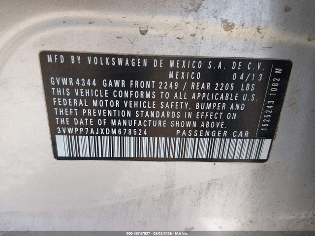 Продажа на аукционе авто 2013 Volkswagen Jetta Sportwagen 2.5l Se, vin: 3VWPP7AJXDM678524, номер лота: 45747027