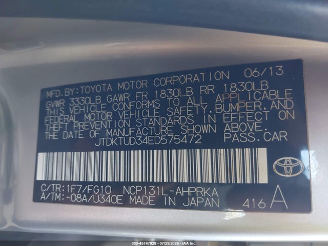 JTDKTUD34ED575472 Toyota Yaris Le (tmc/cbu Plant)