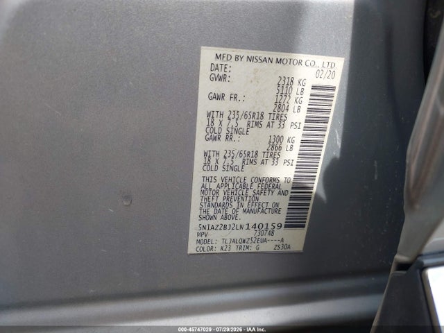 Продажа на аукционе авто 2020 Nissan Murano Sv Fwd, vin: 5N1AZ2BJ2LN140159, номер лота: 45747029