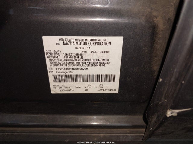Продаж на аукціоні авто 2013 Mazda Mazda6 I Touring Plus, vin: 1YVHZ8EH8D5M08299, номер лоту: 45747033