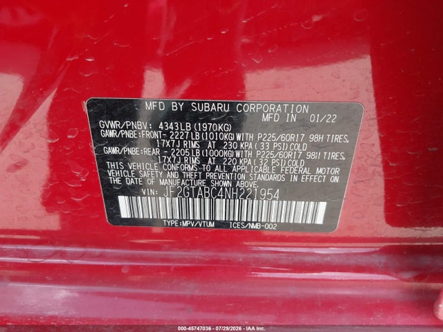 45747036 :رقم المزاد ، JF2GTABC4NH221954 vin ، 2022 Subaru Crosstrek مزاد بيع