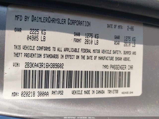 2006 Dodge Charger მანქანა იყიდება აუქციონზე, vin: 2B3KA43R16H389602, აუქციონის ნომერი: 45747047