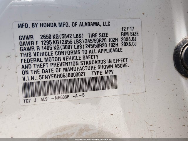 Honda Pilot Elite 2018 5FNYF6H06JB003027 Image 9