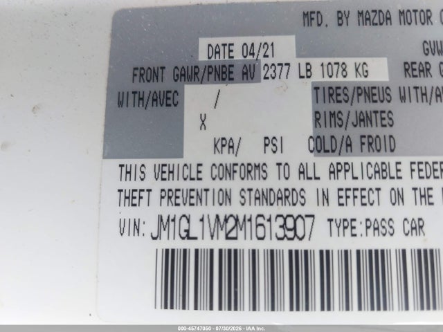 45747050 :رقم المزاد ، JM1GL1VM2M1613907 vin ، 2021 Mazda Mazda6 Touring مزاد بيع