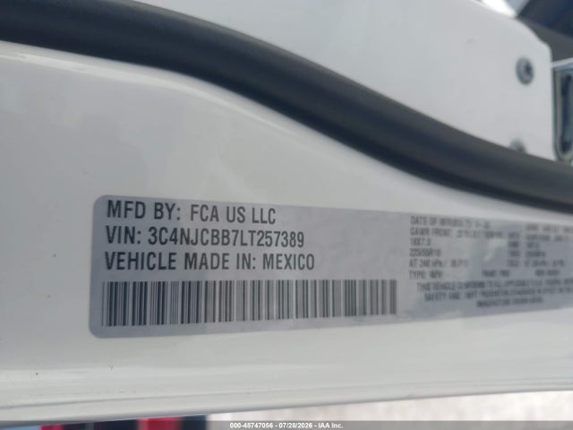 Aukcja sprzedaży 2020 Jeep Compass Altitude Fwd, vin: 3C4NJCBB7LT257389, numer aukcji: 45747056
