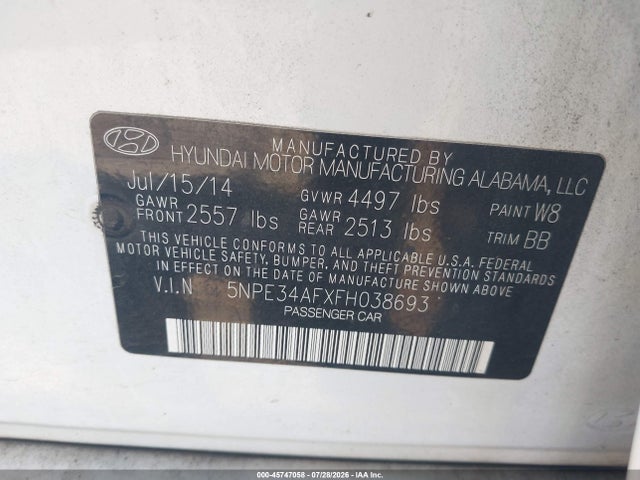 5NPE34AFXFH038693 Hyundai Sonata Limited
