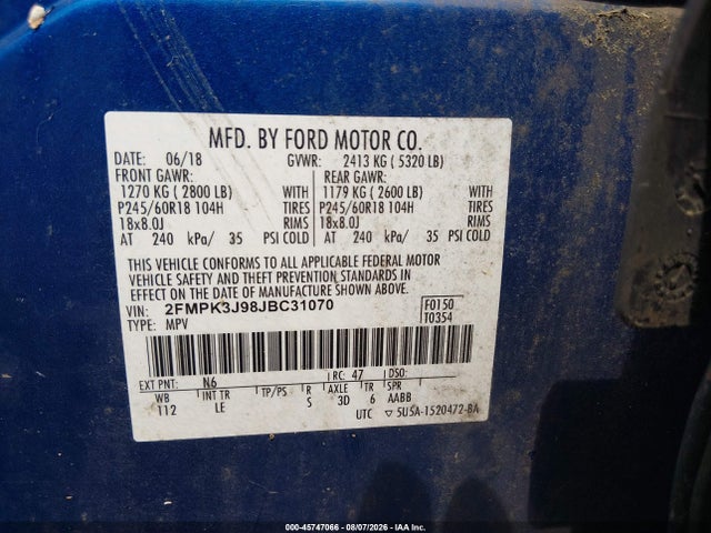 Продаж на аукціоні авто 2018 Ford Edge Sel, vin: 2FMPK3J98JBC31070, номер лоту: 45747066